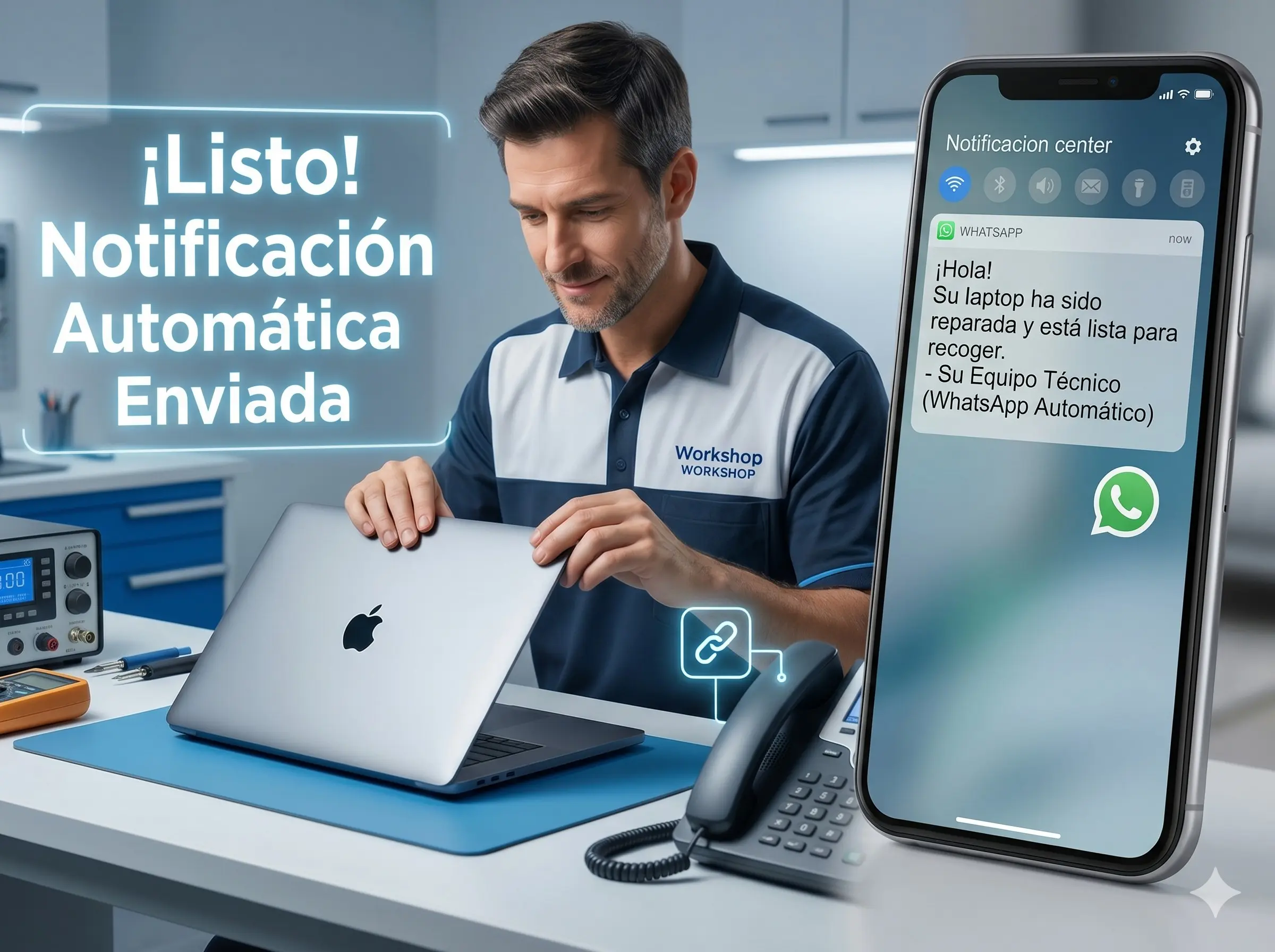 Cliente recibiendo notificación WhatsApp de reparación lista